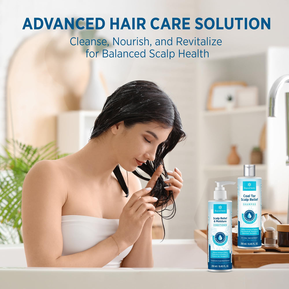 Roycederm coal tar conditioner bottle dispense demonstrating detangling and smooth hair