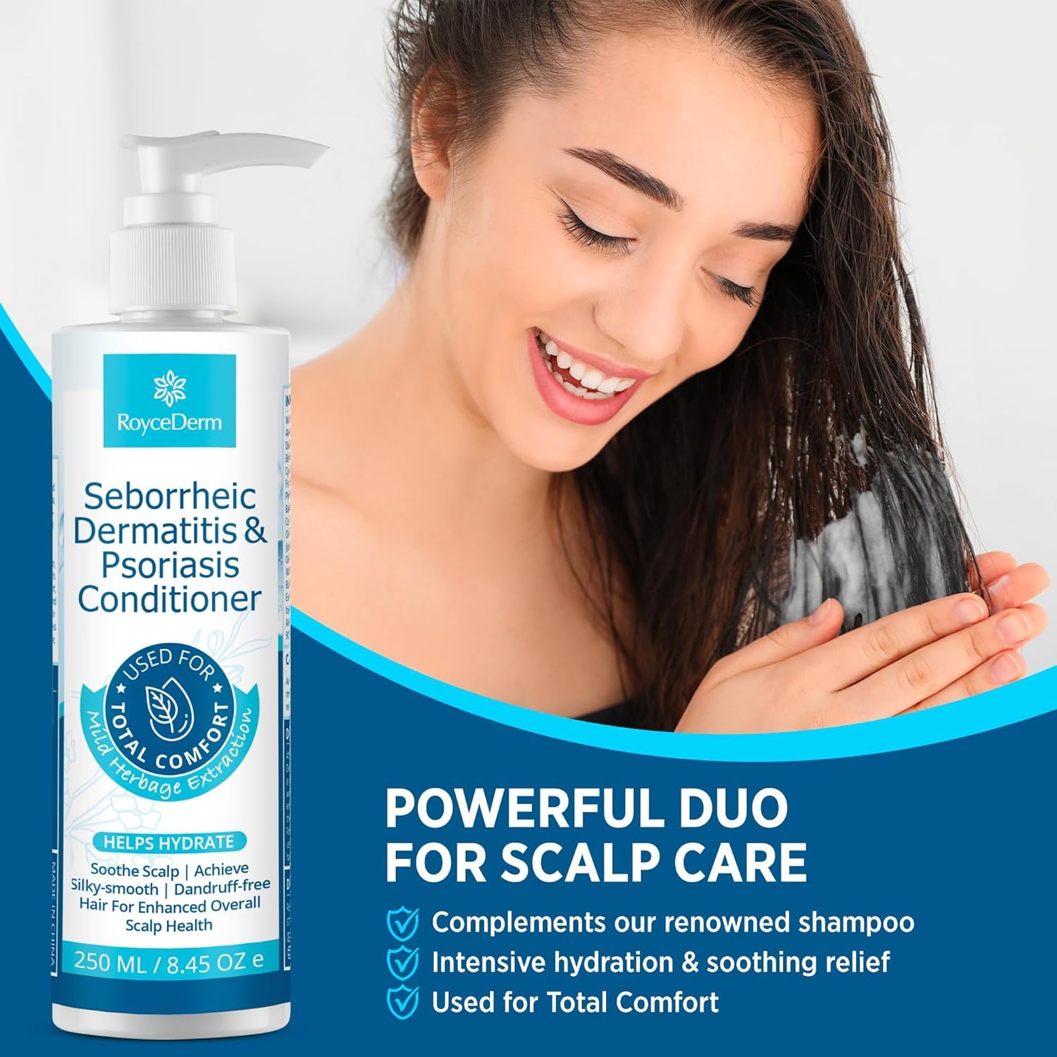Roycederm acondicionador dermatitis seborreica, primer plano: fórmula herbal suave para cabello.