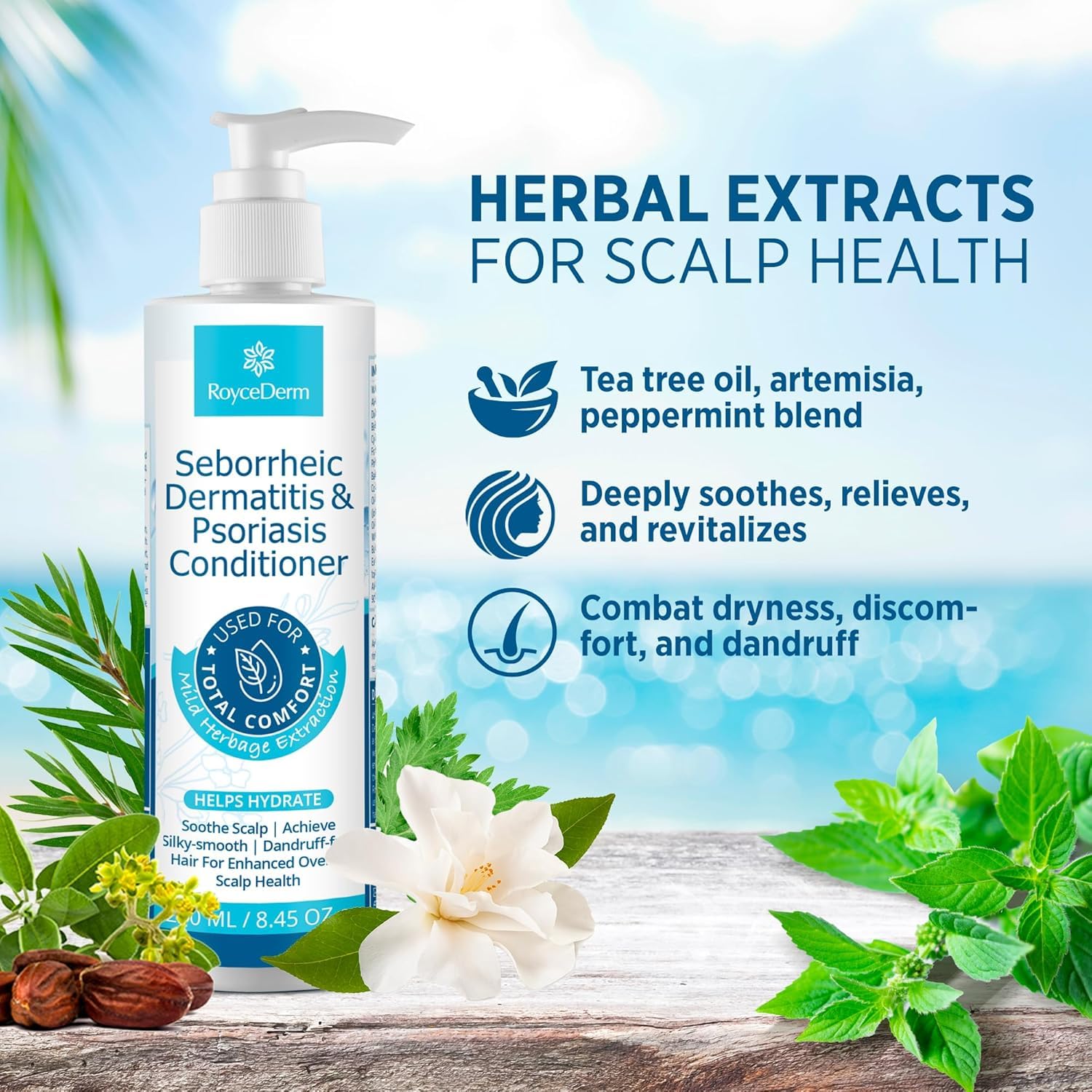 Roycederm acondicionador herbal, textura cremosa para cabello suave y manejable.