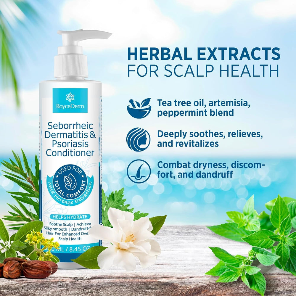 Roycederm acondicionador herbal, textura cremosa para cabello suave y manejable.