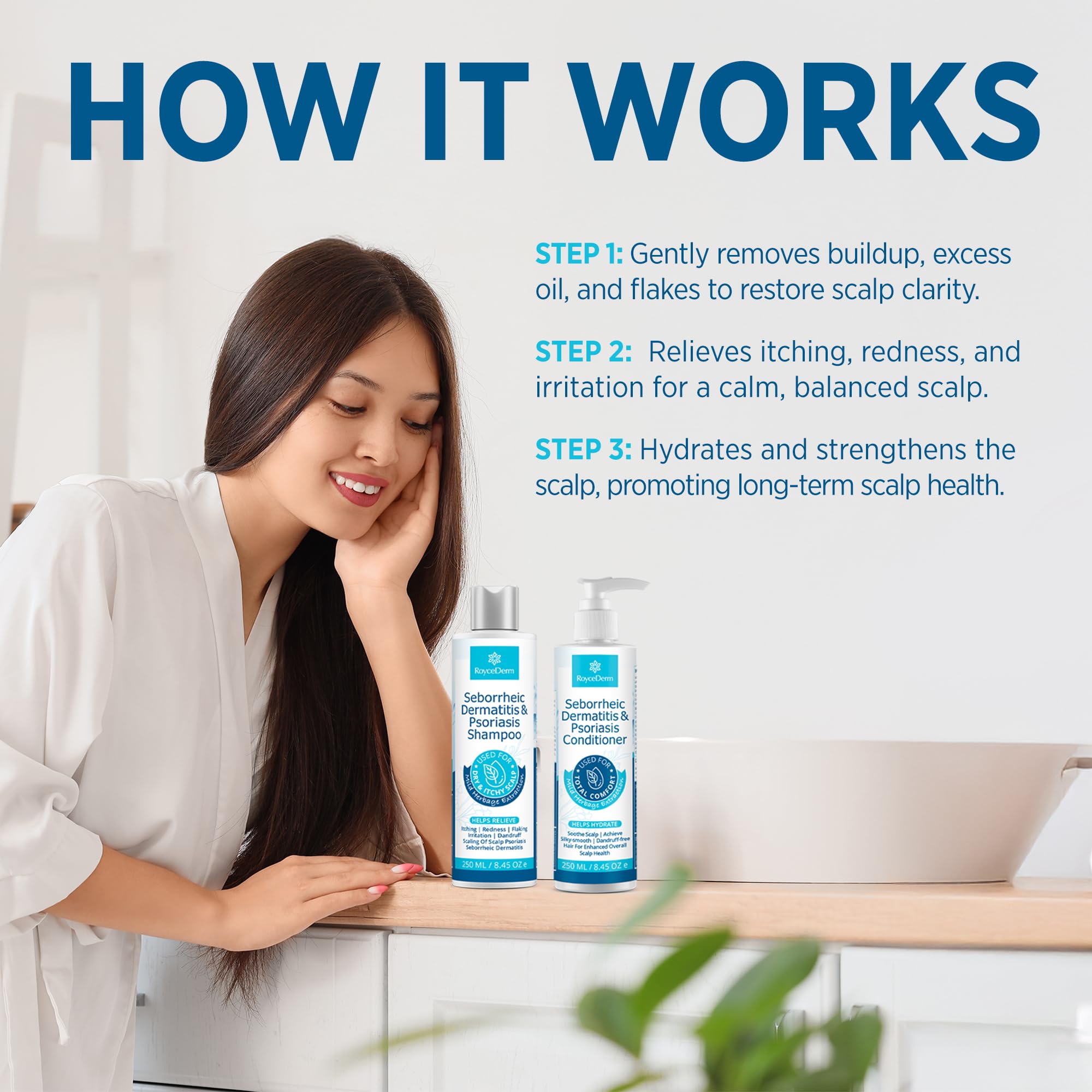 Roycederm hair after-use close-up suggests softer, more comfortable hair.