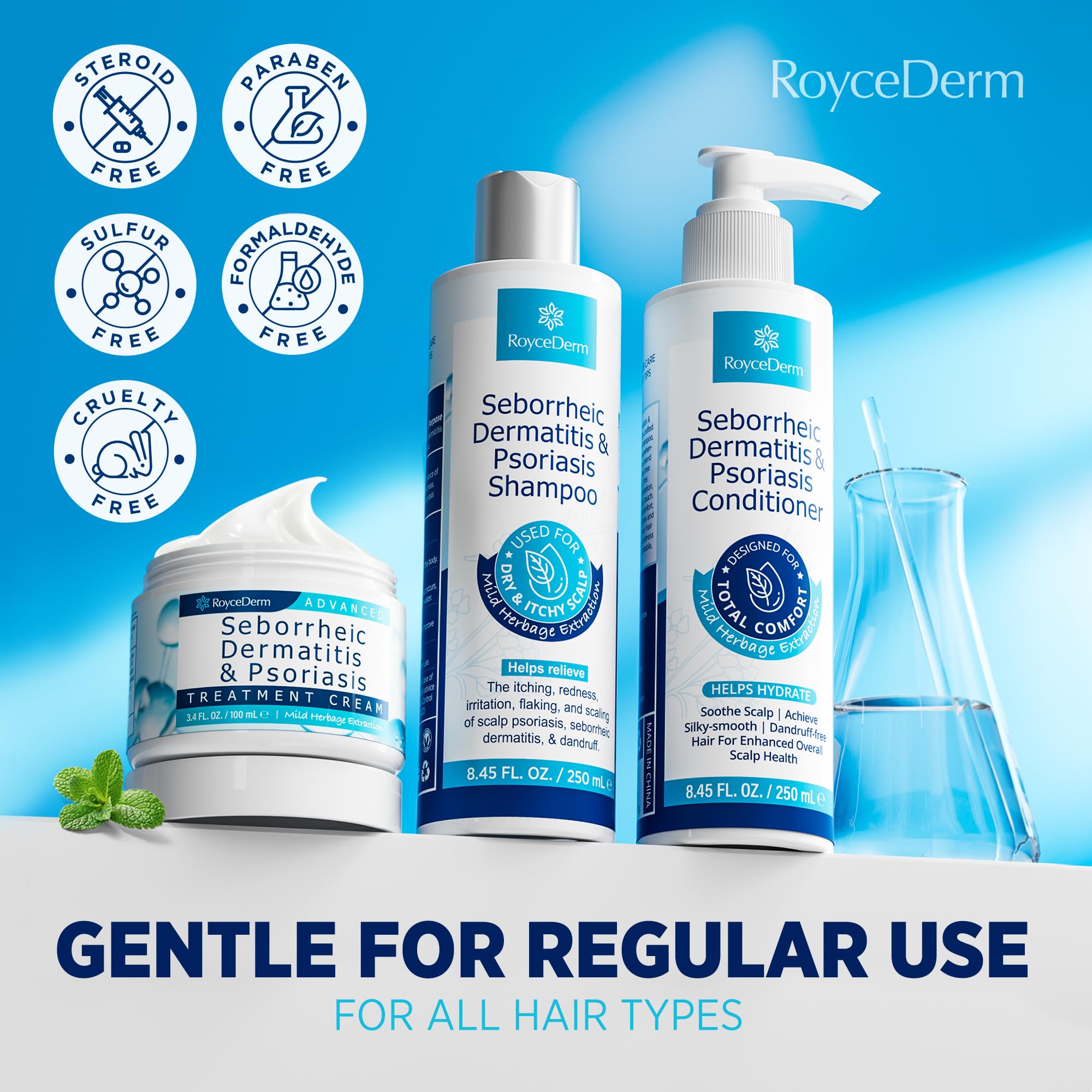 Roycederm Herbal ingredients display suggests natural relief options.