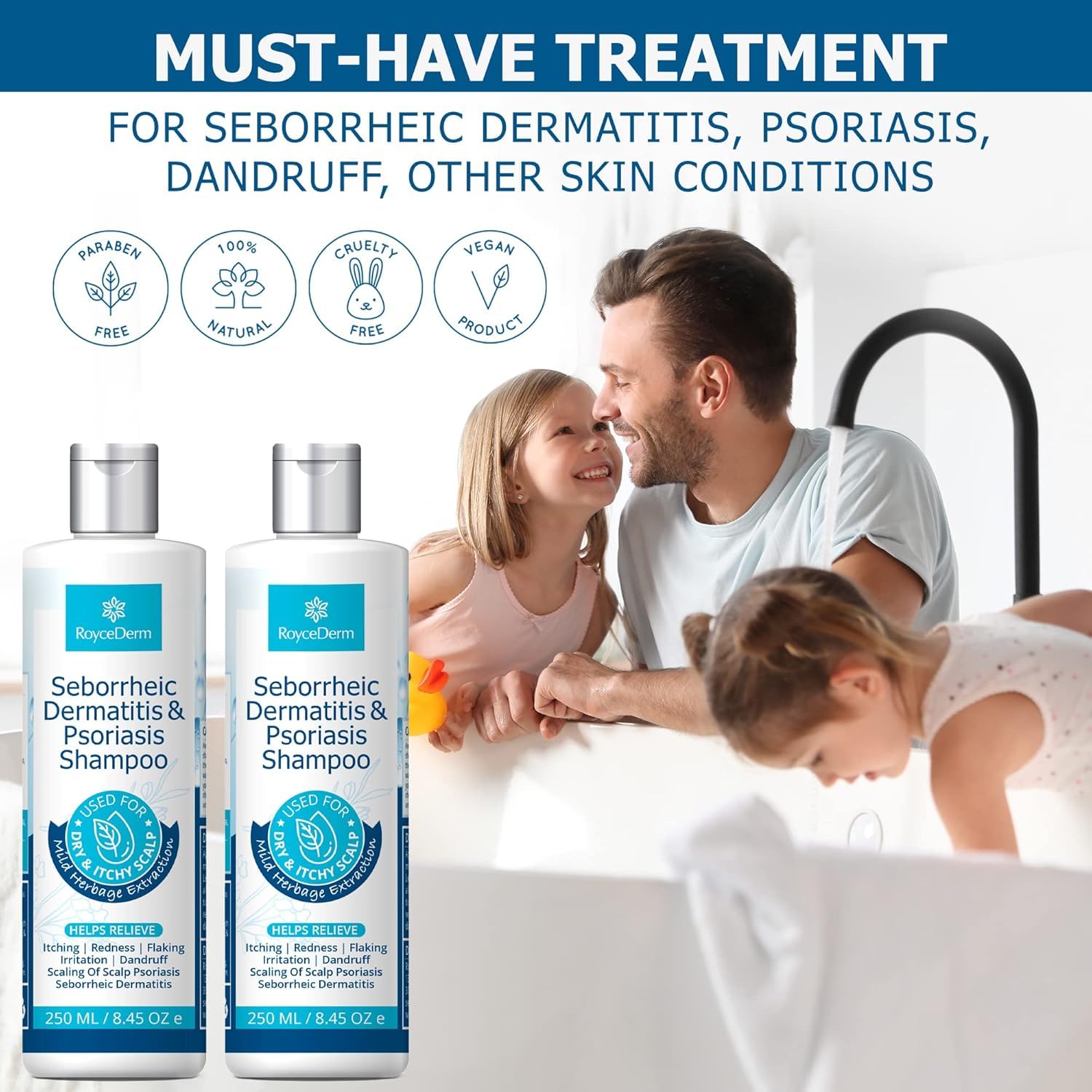 Roycederm moisturizing scalp treatment bottle focusing on hydration and comfort.