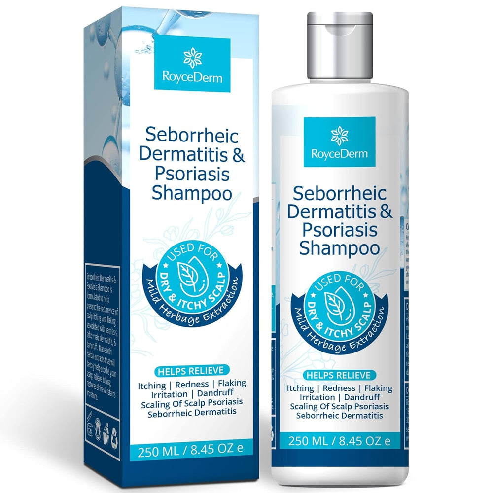 Roycederm psoriasis shampoo bottle for soothing irritated scalp and reducing flakes.