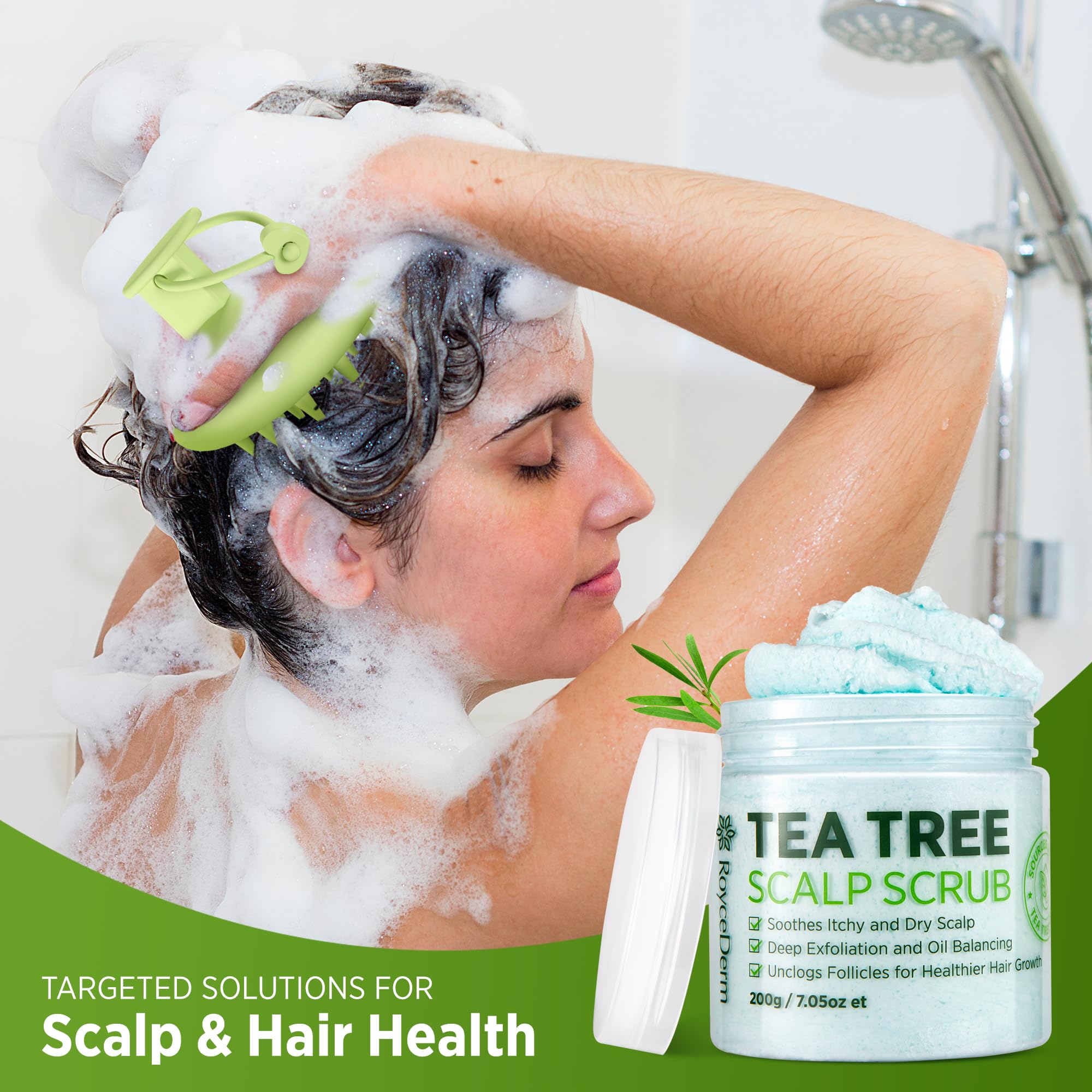 Roycederm Scalp Massager Brush in use to stimulate circulation during pre shampoo