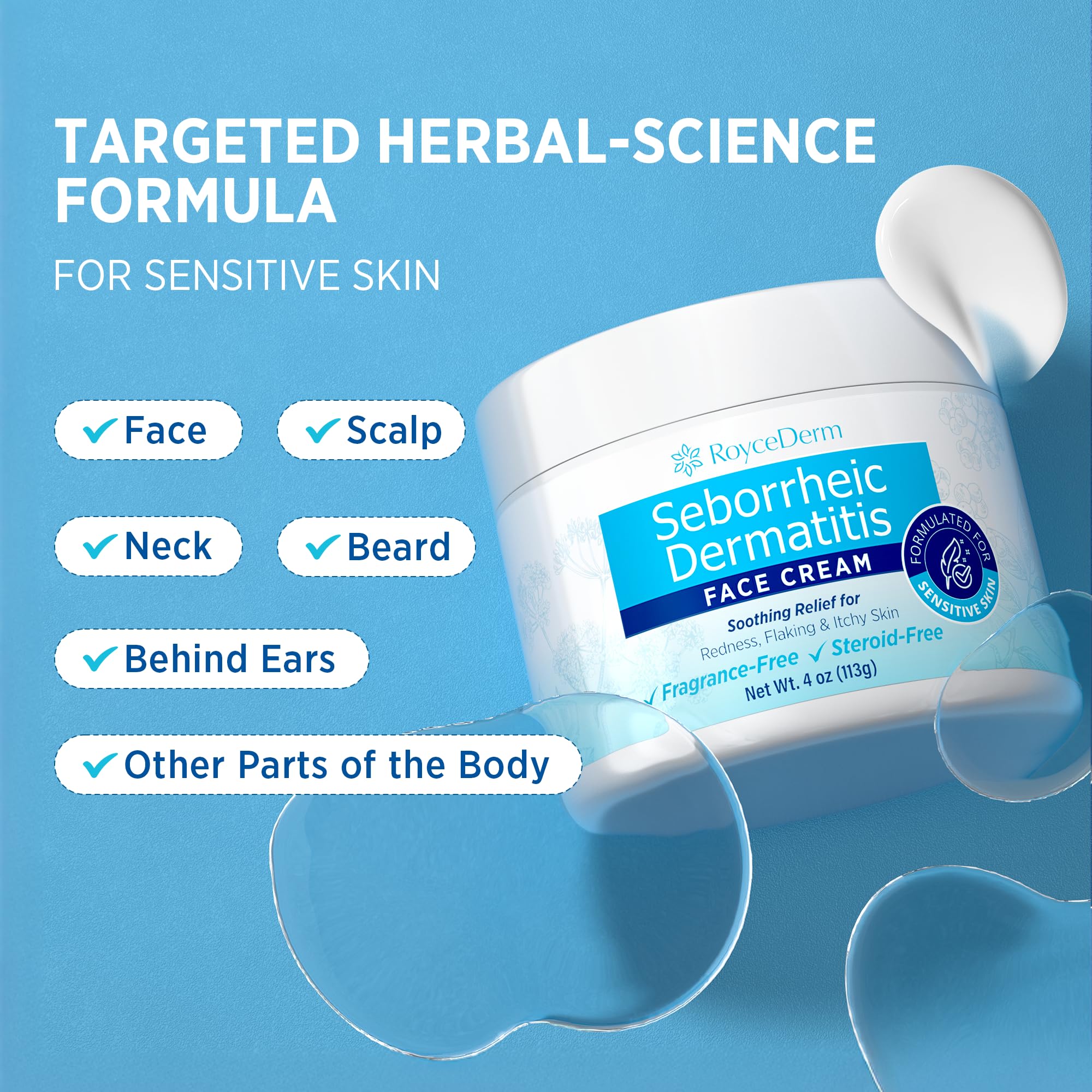 Roycederm face application demonstrates easy, soothing hydration on sensitive areas.