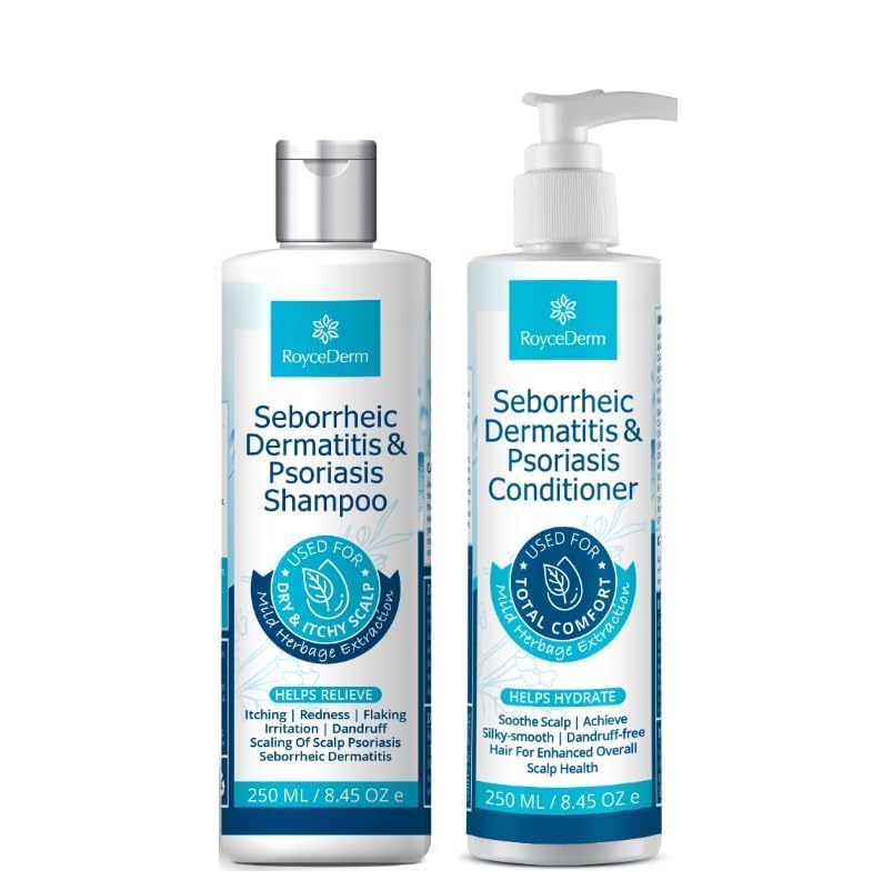 Roycederm shampoo bottle front promotes soothing scalp care for sensitive, itchy skin.