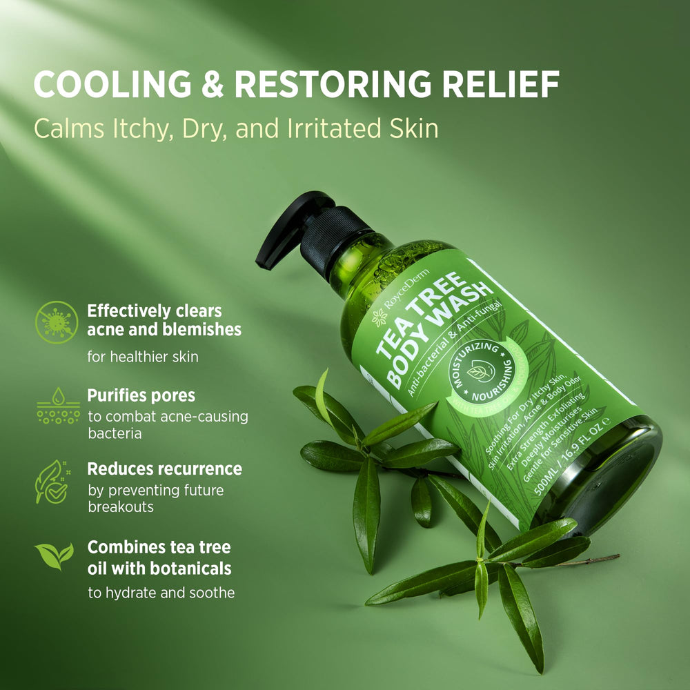 Roycederm tea tree body wash foam bottle emphasizes refreshing antibacterial cleansing.