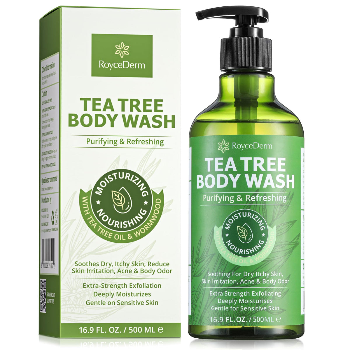 Roycederm Tea Tree Bottle Lather shows refreshing cleansing with natural antifungal properties.
