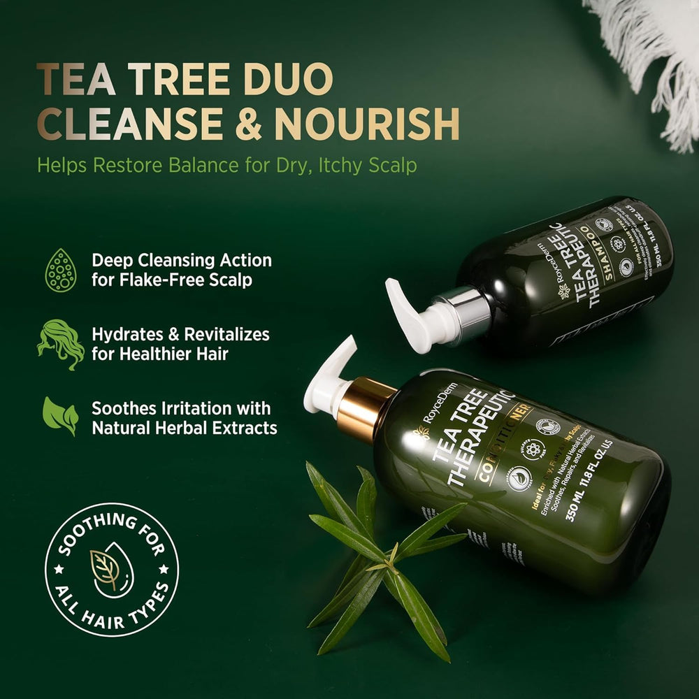 Roycederm Tea Tree Conditioner tube provides deep hydration for soothed, smoother hair.