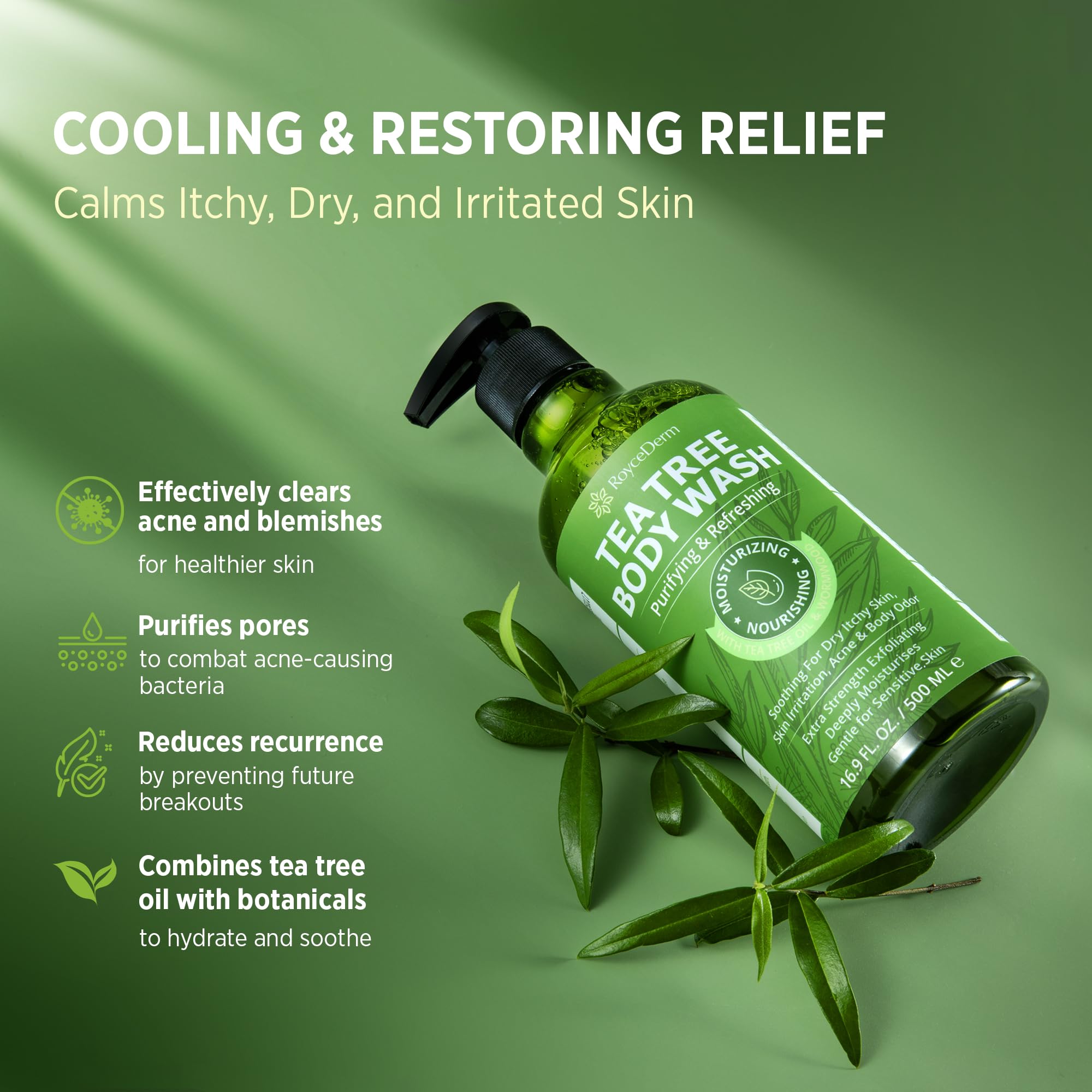 Roycederm Tea Tree Oil Drops highlight a soothing scent and skin-refreshing feel.