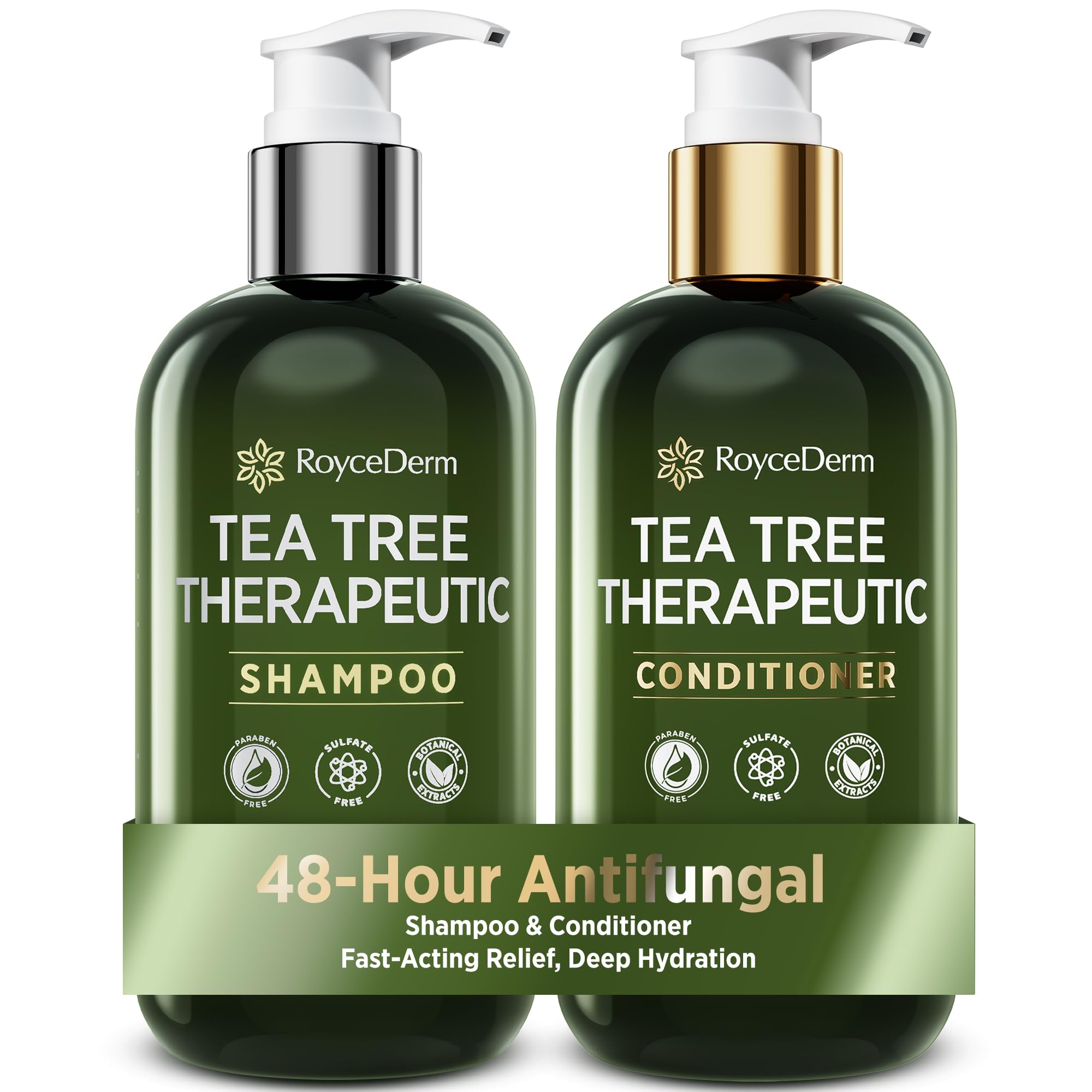 Roycederm Tea Tree Shampoo bottle offers a refreshing scalp cleansing experience for comfort.