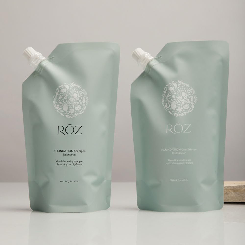 RŌZ Foundation Shampoo bottle on sink ready for daily cleansing and styling.