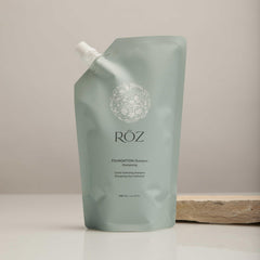RŌZ Foundation Shampoo refill pouch open highlights convenient refill option reduces waste.