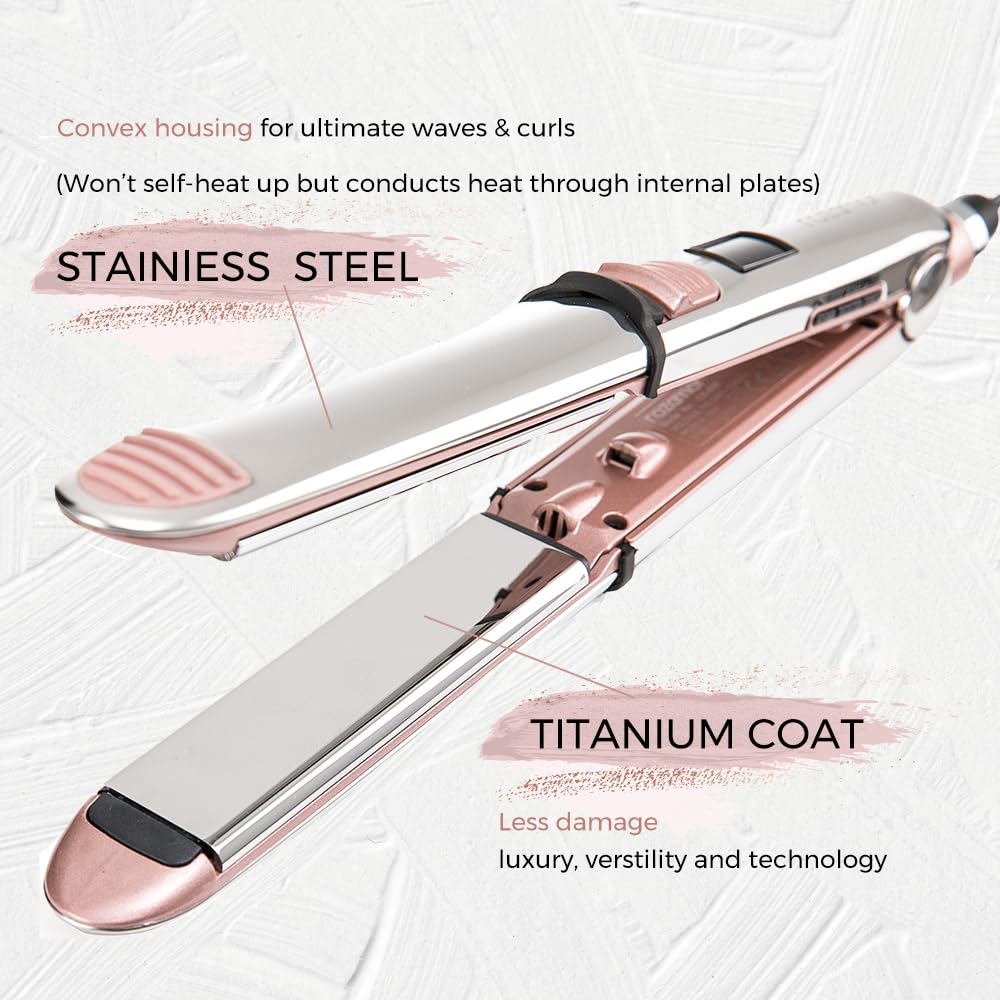 Rozamor flat iron in use for straightening and curling styles