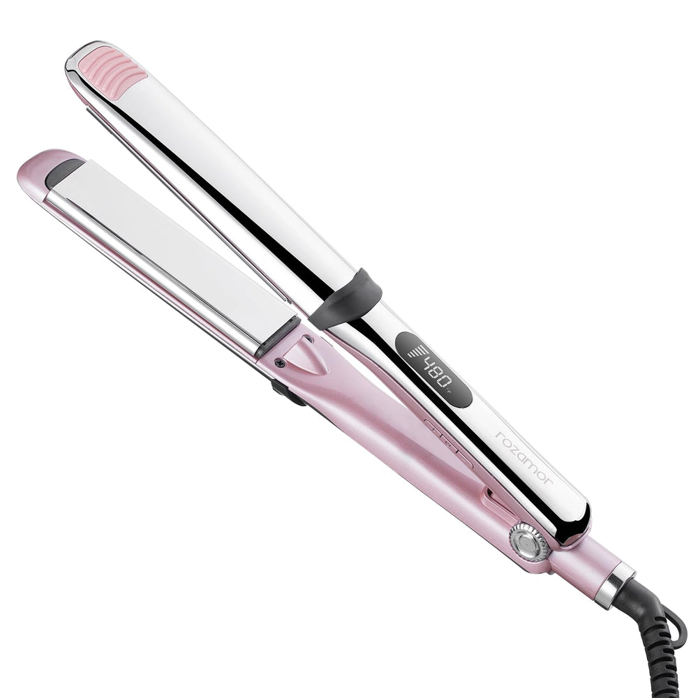 Rozamor professional titanium flat iron with 1.25-inch plates enables smooth styling and snag-free pass.