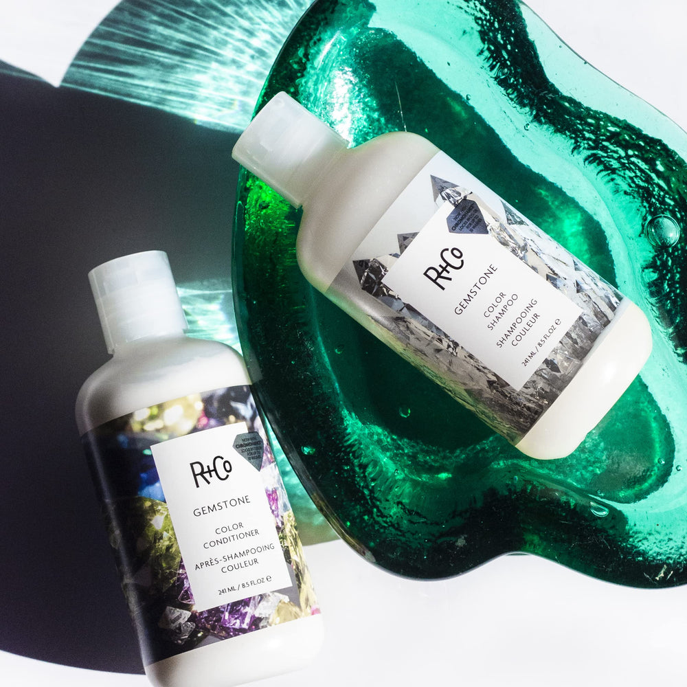 R+Co Gemstone Color Conditioner applied to damp hair creates a luminous finish