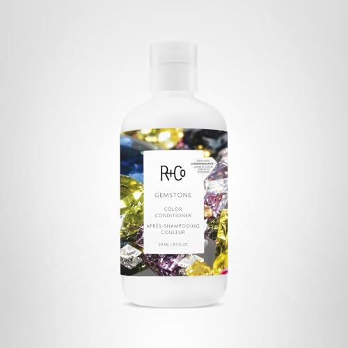 R+Co Gemstone packaging shown with hair-care tools and clean design