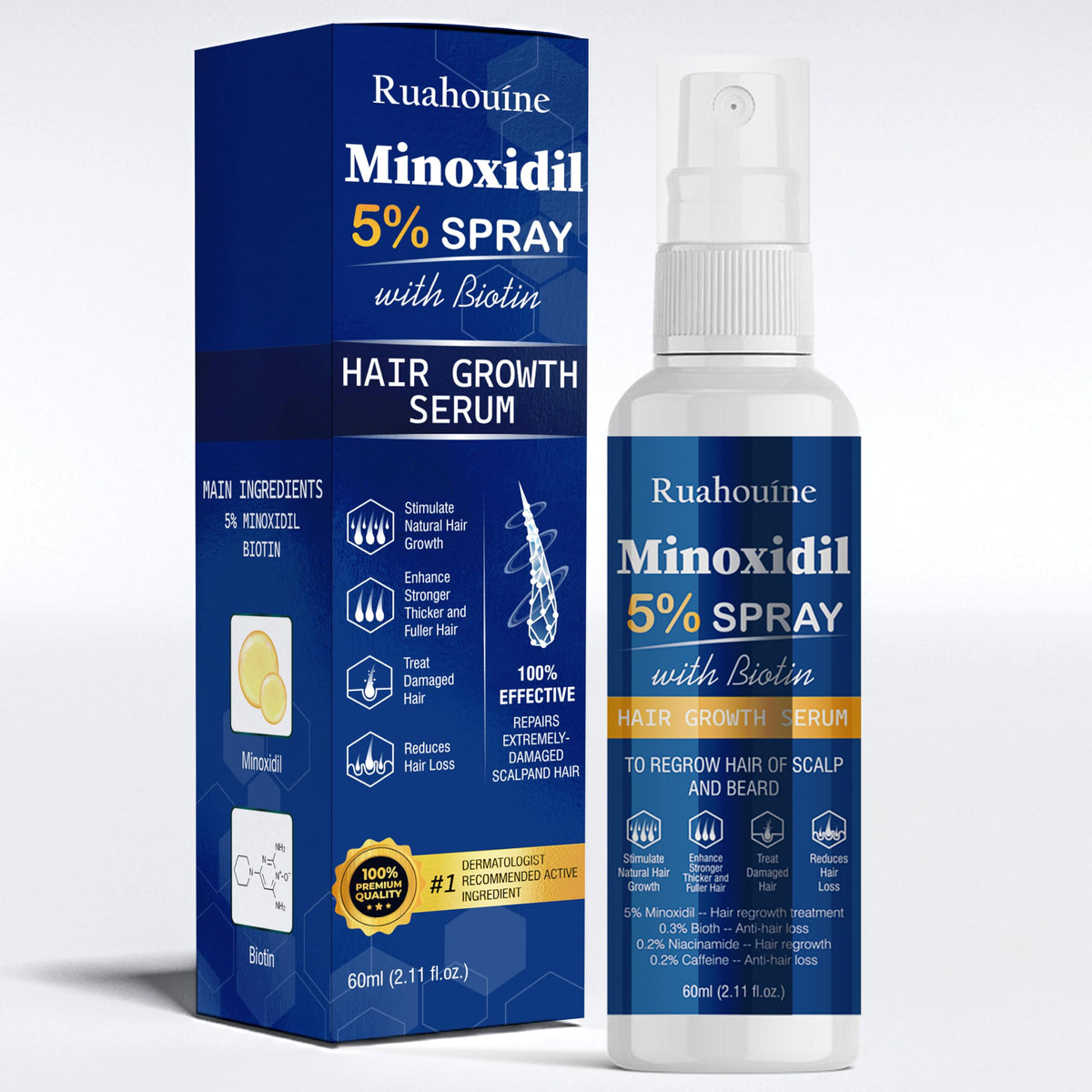 Ruahouine Minoxidil 5% botella para aplicación diaria en cabello