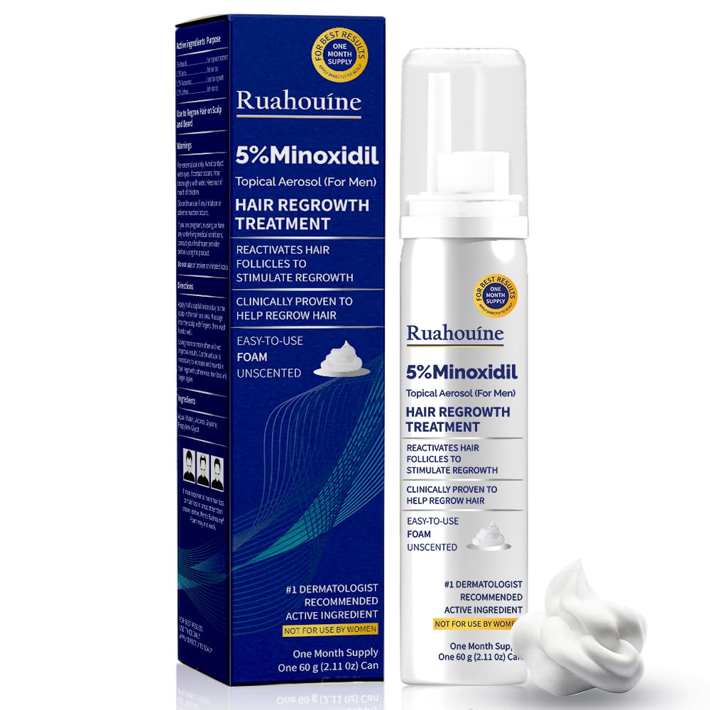 Ruahouine Minoxidil 5% espuma envase: aplicación diaria cómoda para el cuidado capilar.