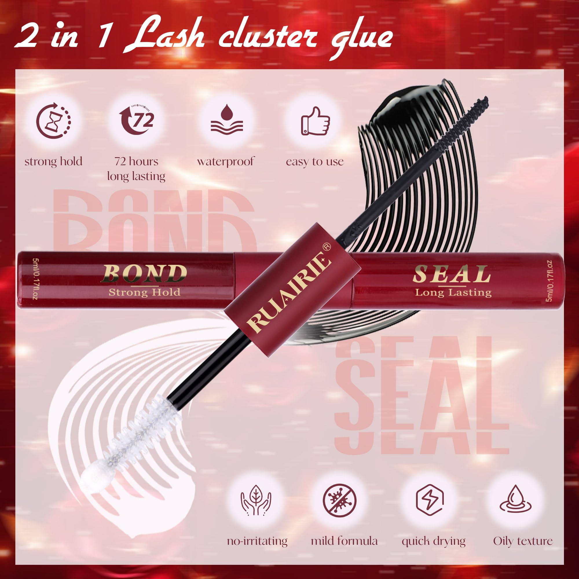 Ruairie black bond tip applies a smooth layer for secure cluster lash placement.