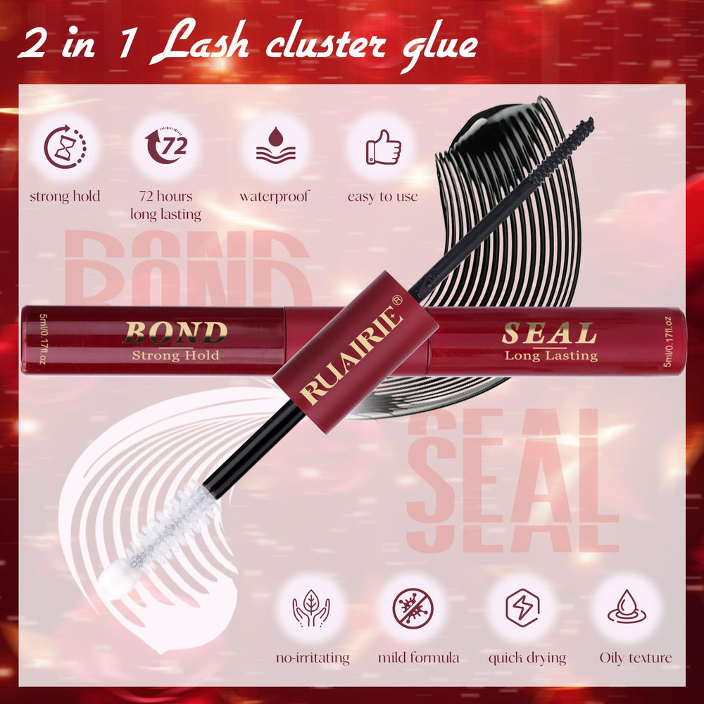 Ruairie black bond tip applies a smooth layer for secure cluster lash placement.