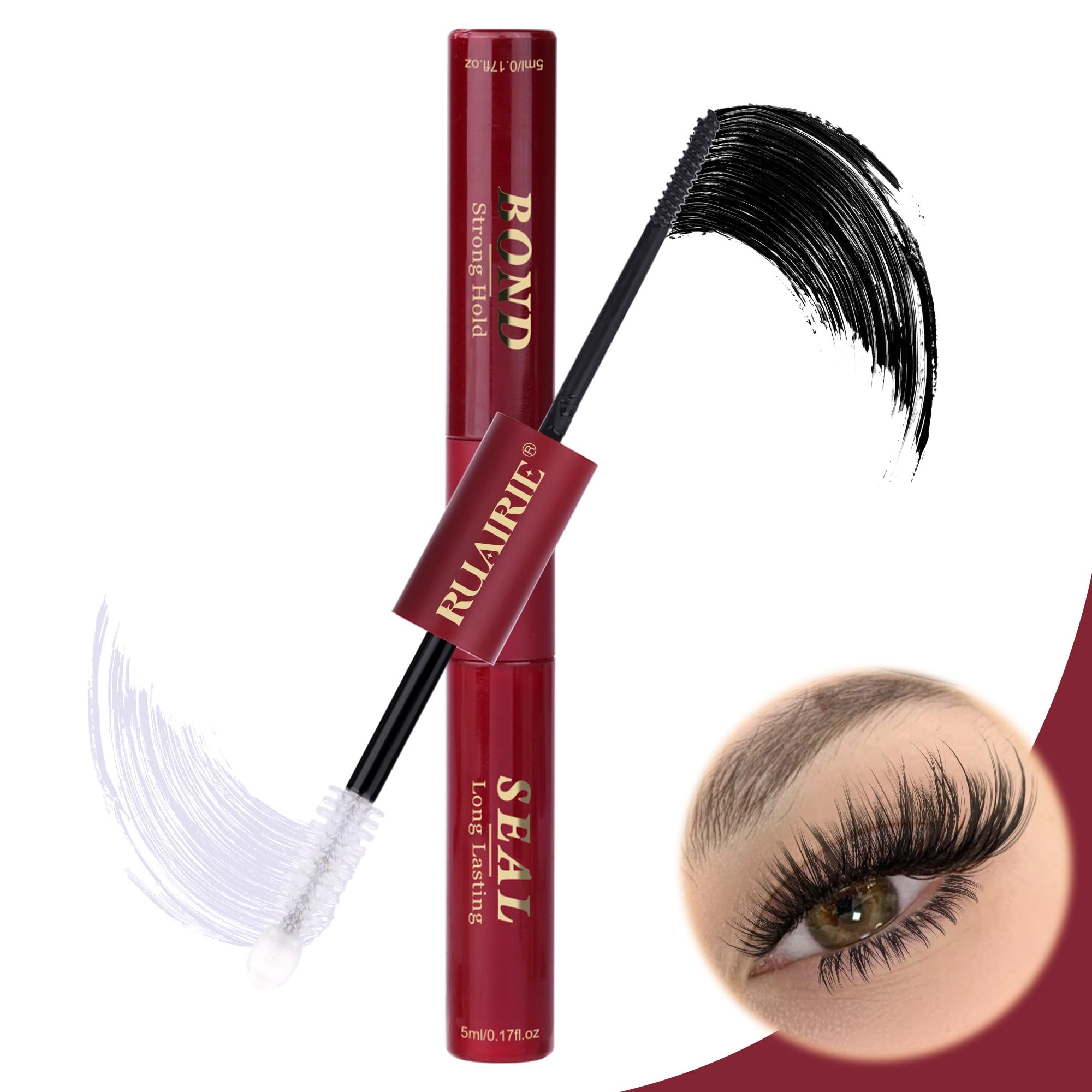 Ruairie bond and seal lash glue bottle with dual-ended applicator for precise bonding.