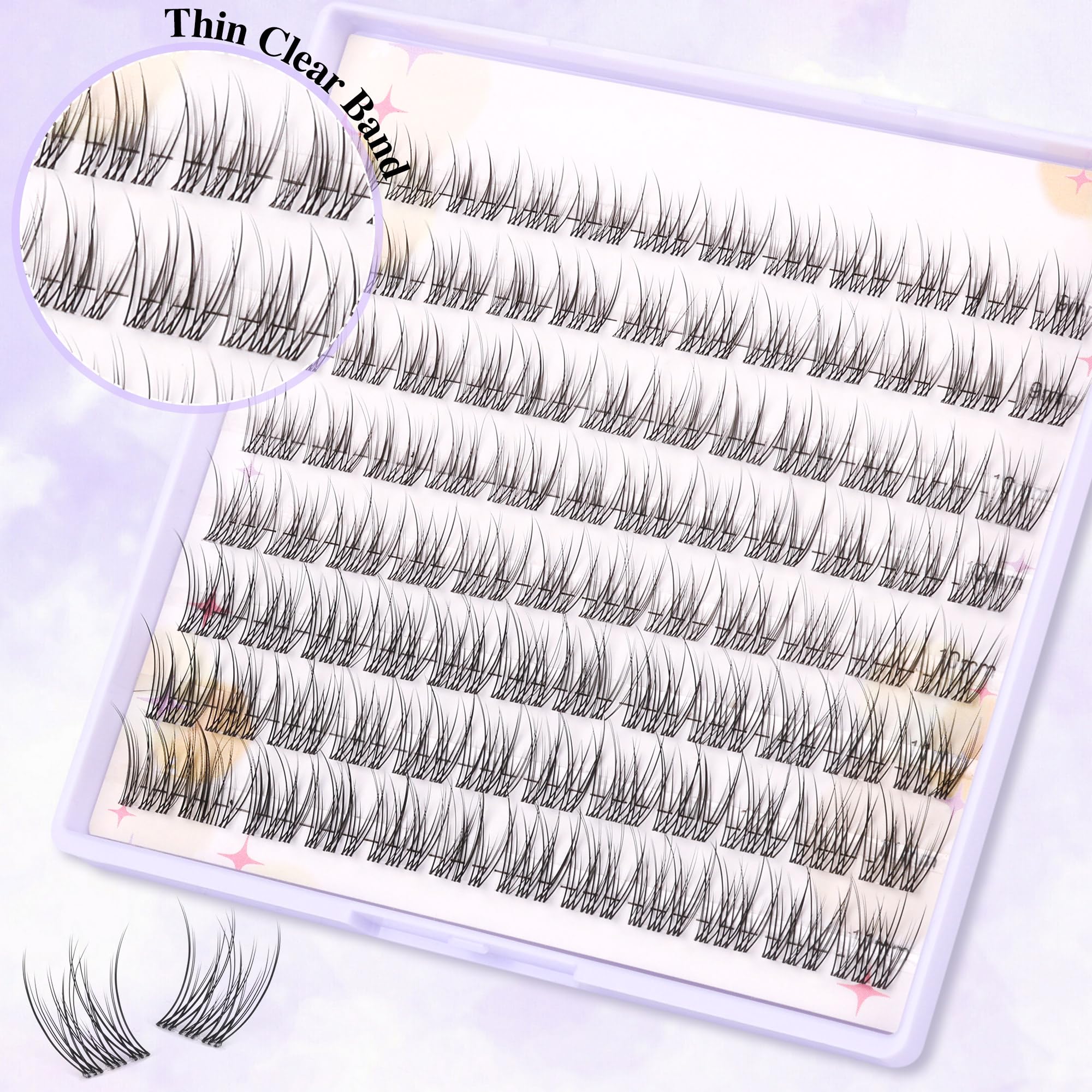 Ruairie cluster lash extensions with cotton thin band for eyelid comfort.