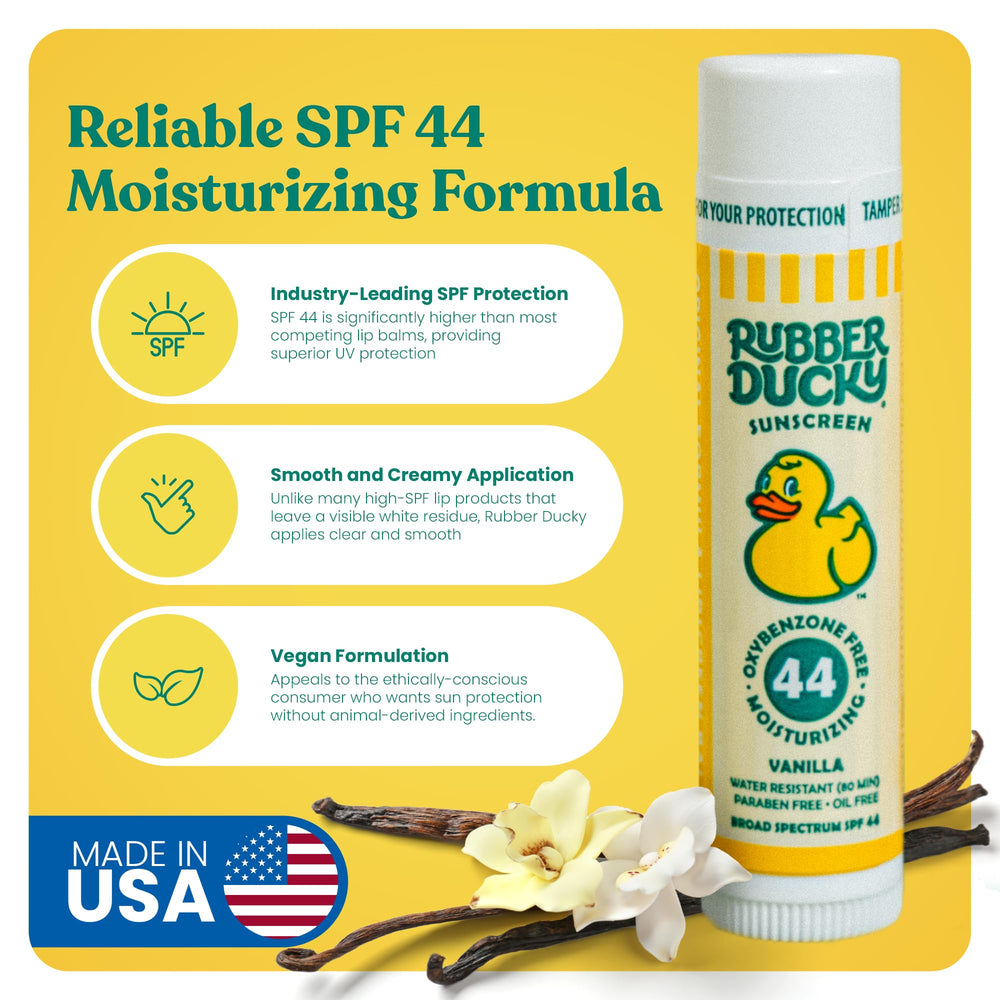 Rubber Ducky lip balm SPF 44 close-up shows smooth untinted texture.