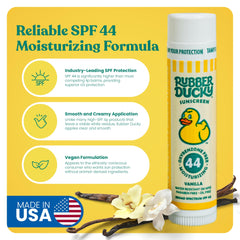 Rubber Ducky lip balm SPF 44 close-up shows smooth untinted texture.