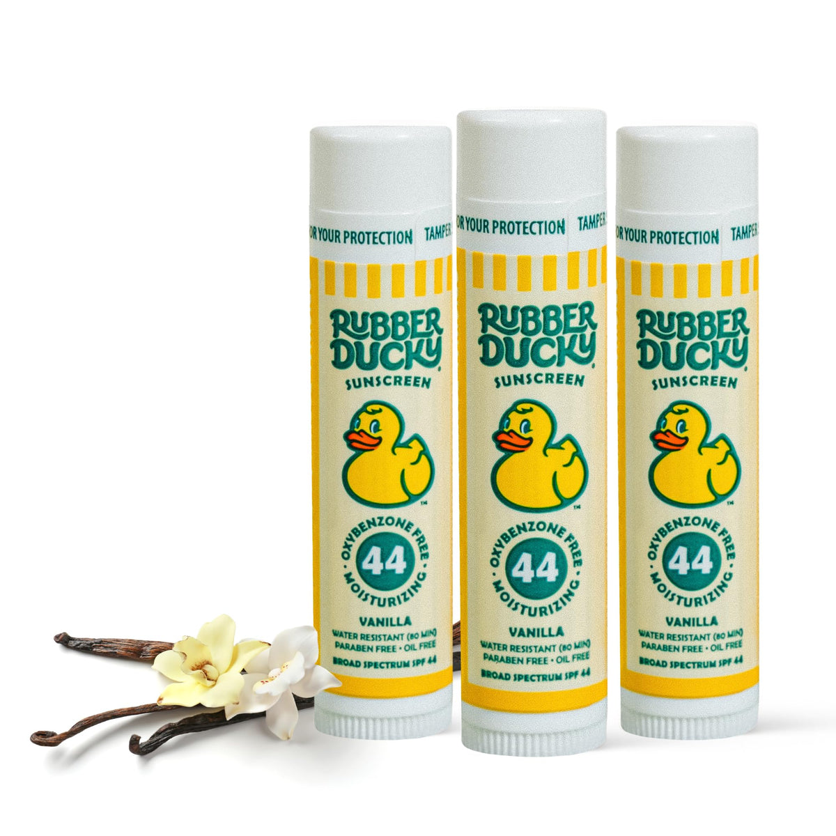 Rubber Ducky SPF 44 lip balm tube with vanilla flavor for everyday sun protection.