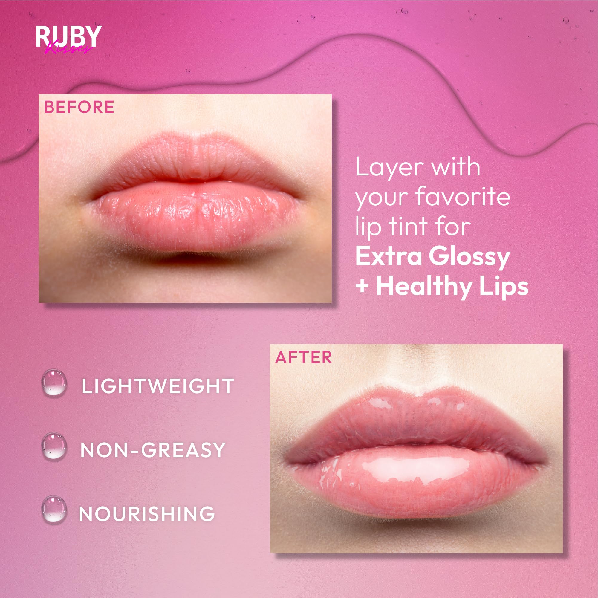 Ruby Kisses aceite labial hidratante claro, labios suaves y brillantes tras cada uso.
