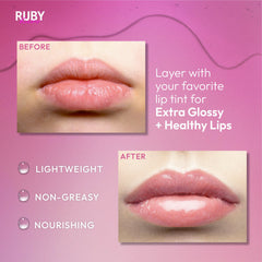 Ruby Kisses aceite labial hidratante claro, labios suaves y brillantes tras cada uso.