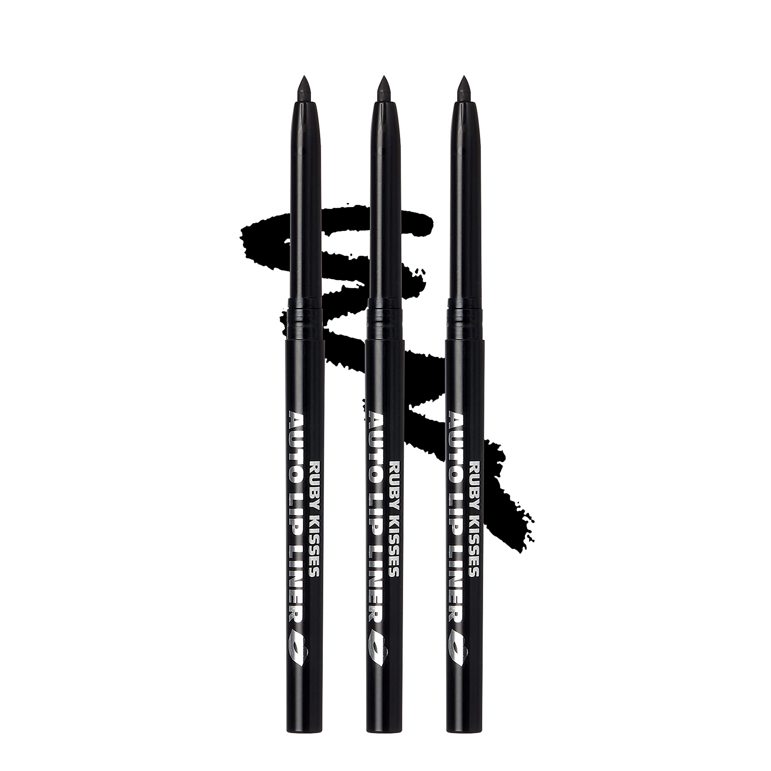 Ruby Kisses Auto Lip Liner Pencil Black 3 Pack with a precise tip for clean definition.