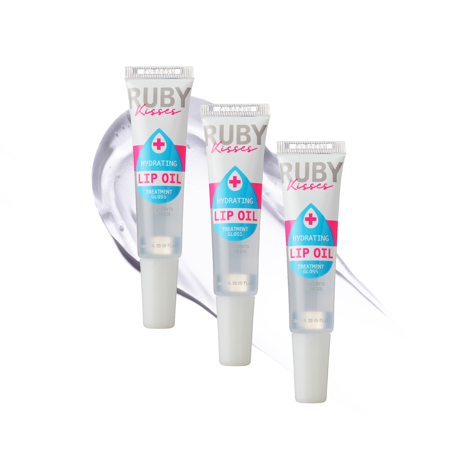 Ruby Kisses brillo labial hidratante transparente con empaque, hidratación duradera.