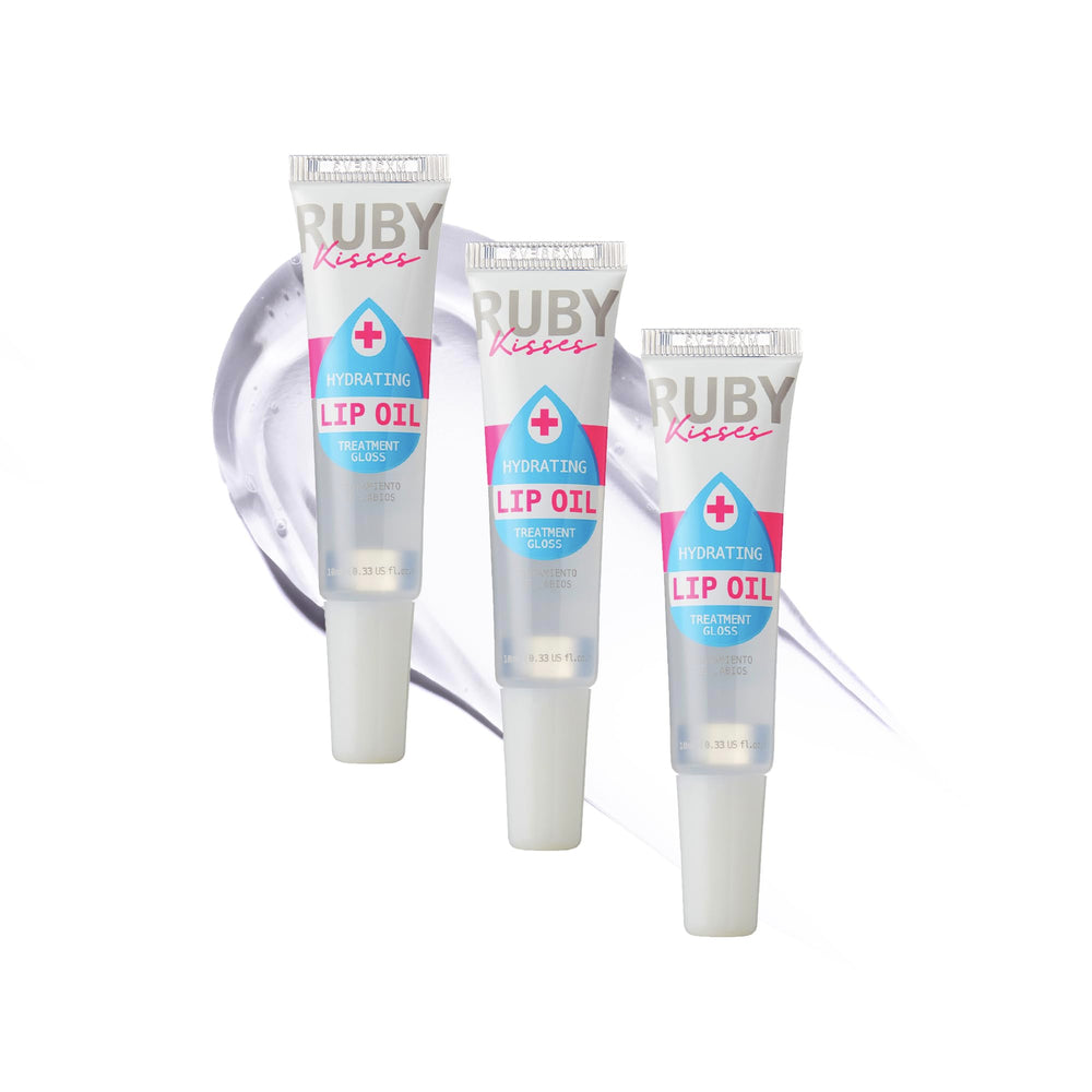 Ruby Kisses brillo labial hidratante transparente con empaque, hidratación duradera.