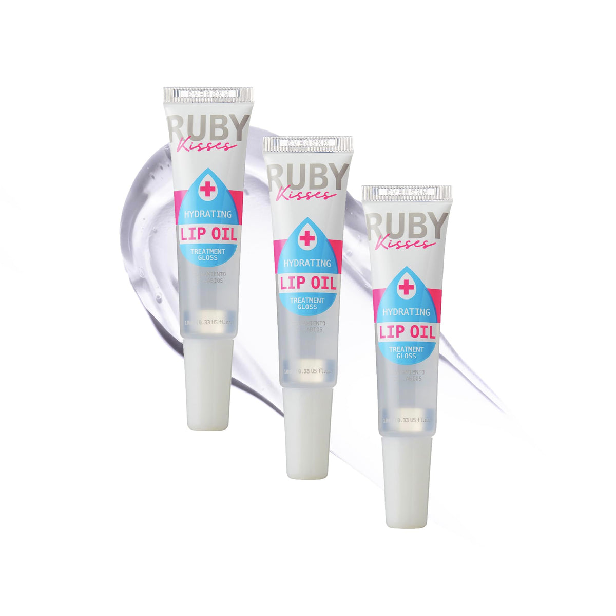 Ruby Kisses brillo labial hidratante transparente con empaque, hidratación duradera.