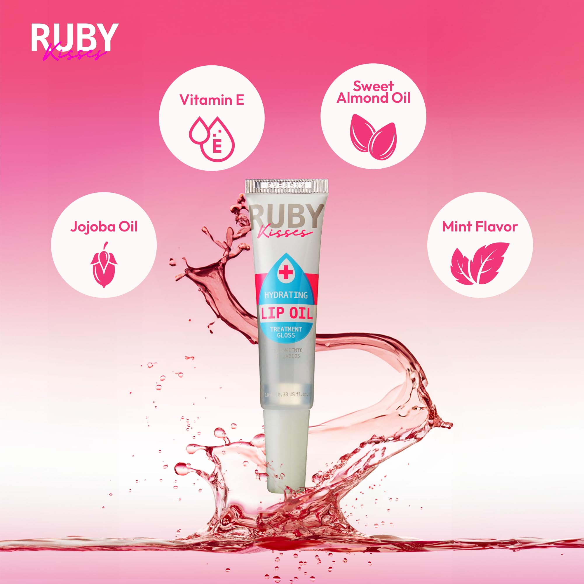 Aplicación suave del brillo labial Ruby Kisses para brillo natural.