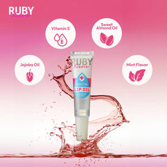 Aplicación suave del brillo labial Ruby Kisses para brillo natural.