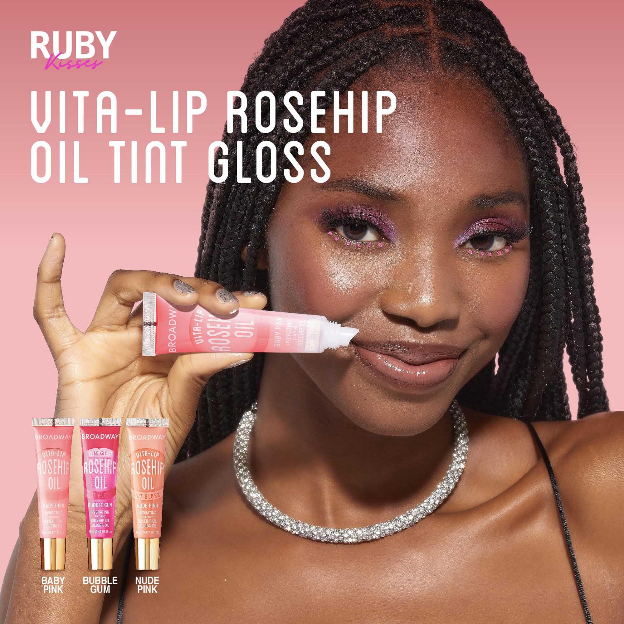 Ruby Kisses Broadway Vita-Lip, brillo no pegajoso y cuidado para labios secos.