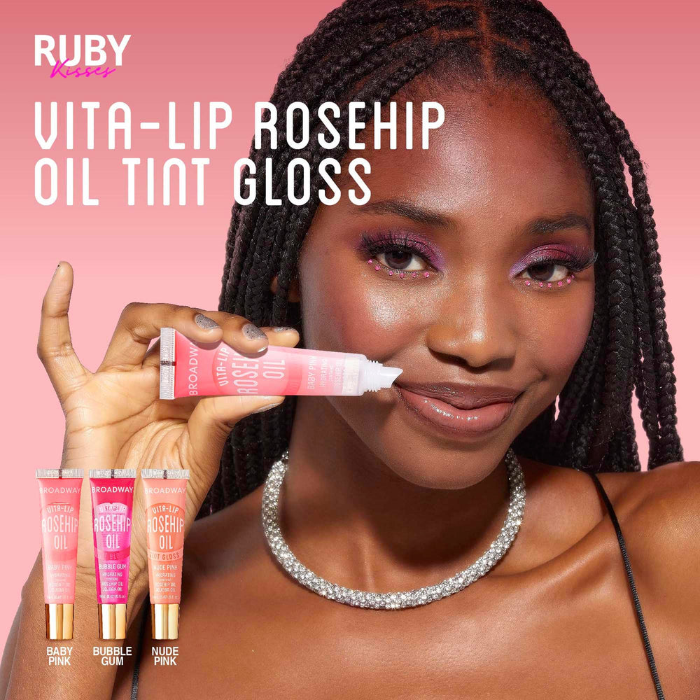 Ruby Kisses Broadway Vita-Lip, brillo no pegajoso y cuidado para labios secos.
