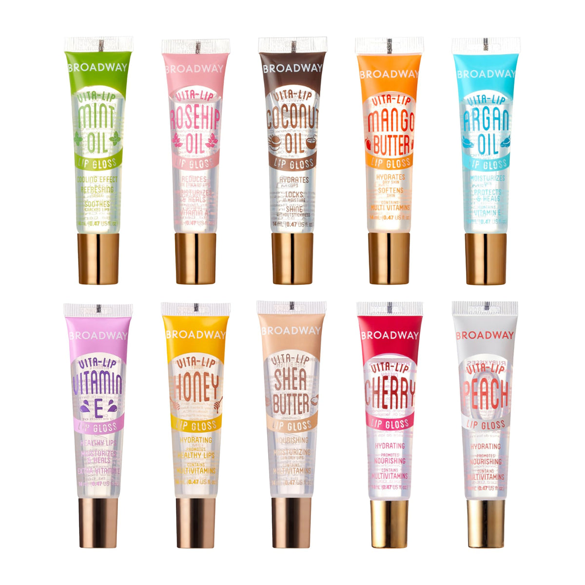 Ruby Kisses Broadway Vita-Lip gloss pack swatch shows hydrating shine