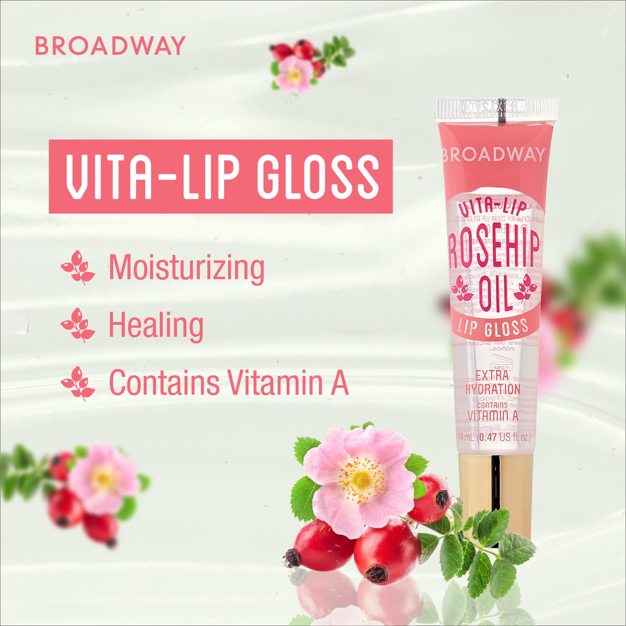 Ruby Kisses Broadway Vita-Lip, acabado claro, hidratación sin sensación grasa.