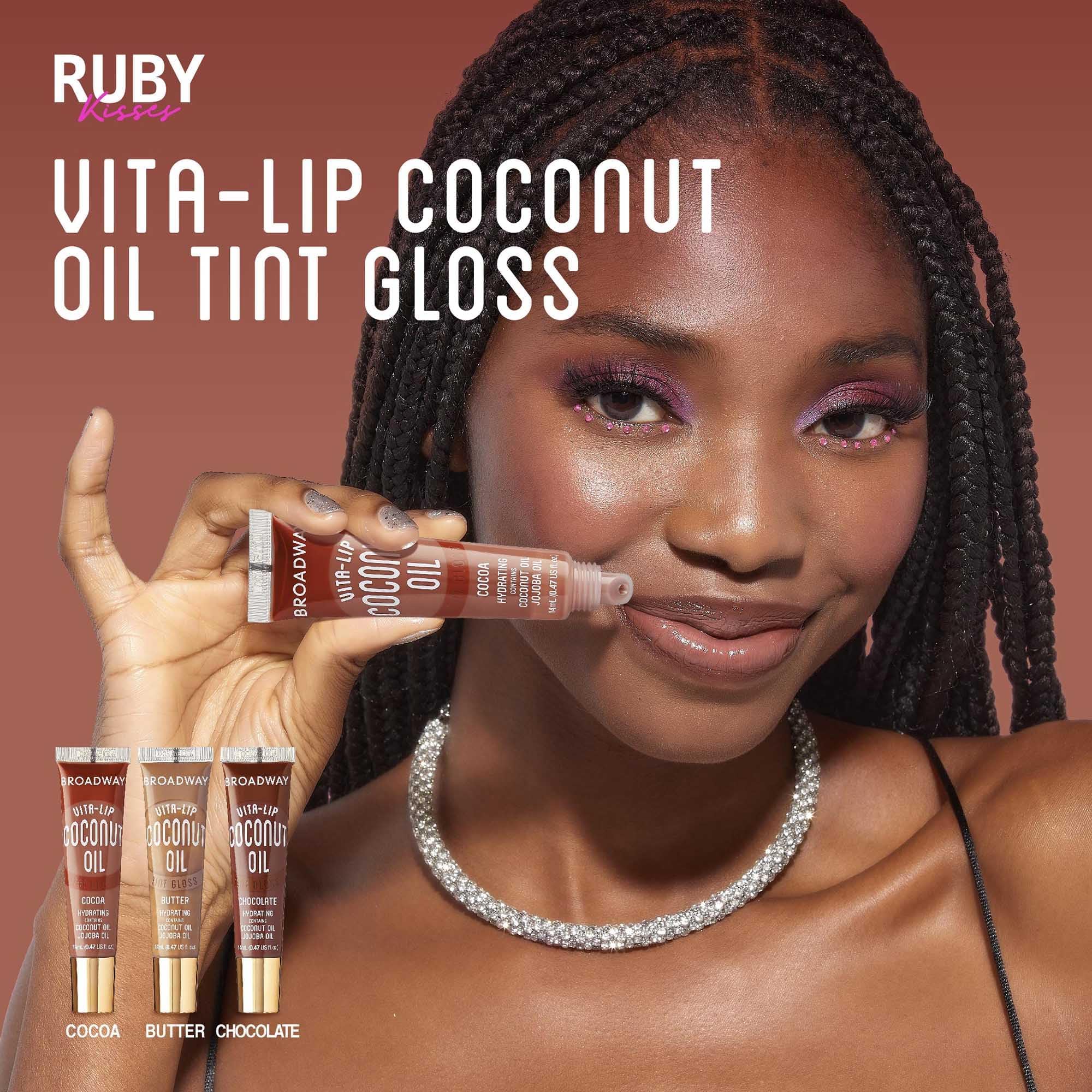 Ruby Kisses Broadway Vita-Lip, acabado no pegajoso para sensación suave y cómoda.
