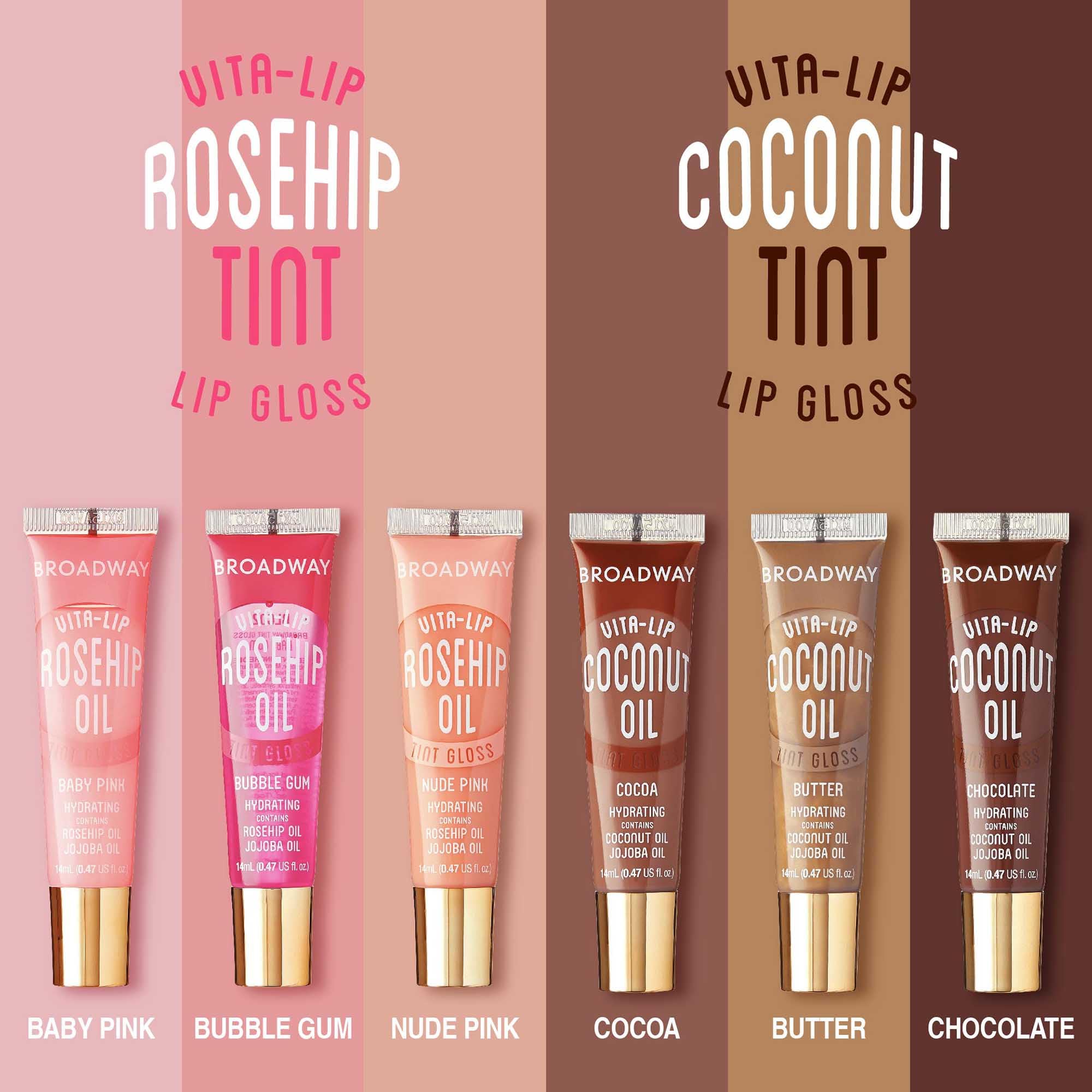 Ruby Kisses Broadway Vita-Lip, vitaminas nutritivas con rosa mosqueta y coco para labios sanos.