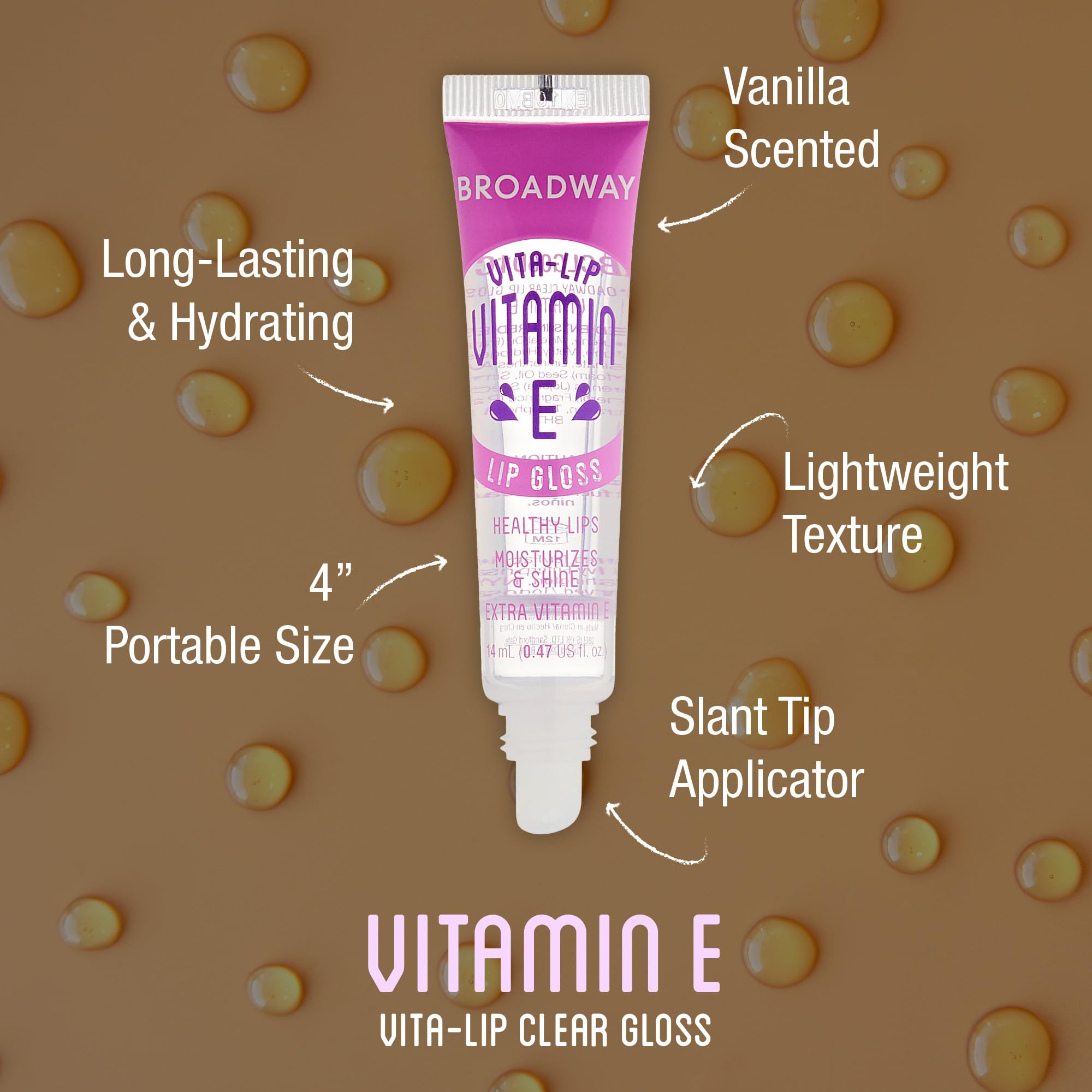 Ruby Kisses Broadway Vita-Lip gloss tube closeup highlights vitamin formula