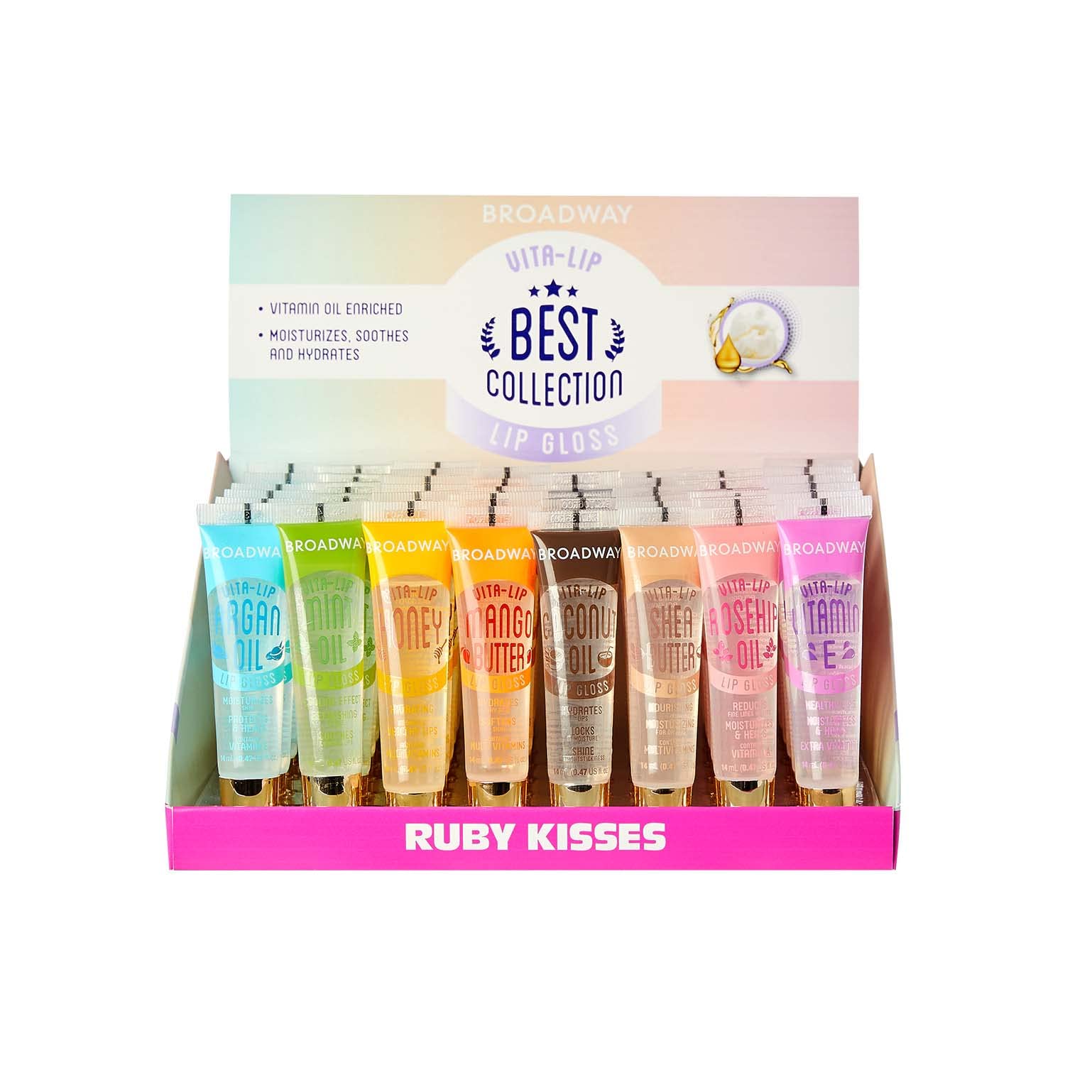 Ruby Kisses Broadway Vita-Lip Gloss tube close-up showing smooth, hydrating shine
