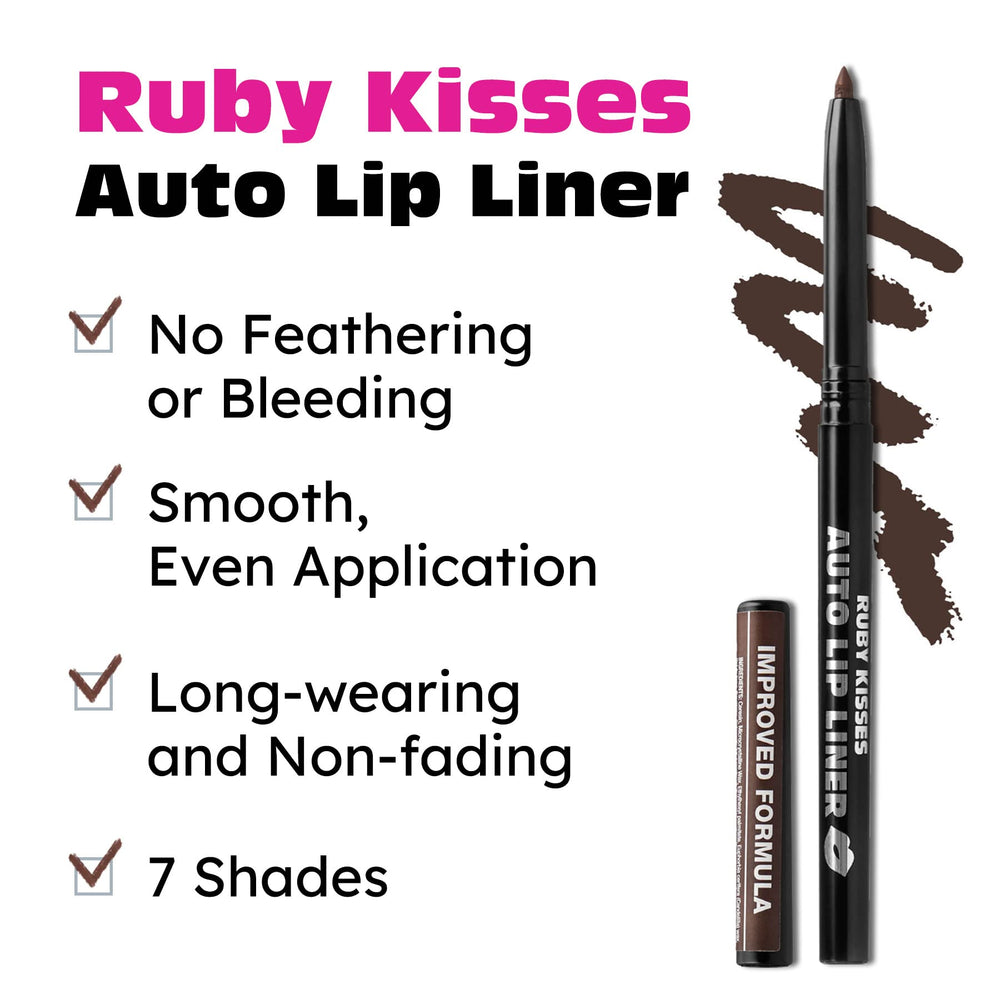 Duración prolongada sin difuminar con el delineador Ruby Kisses marrón oscuro.