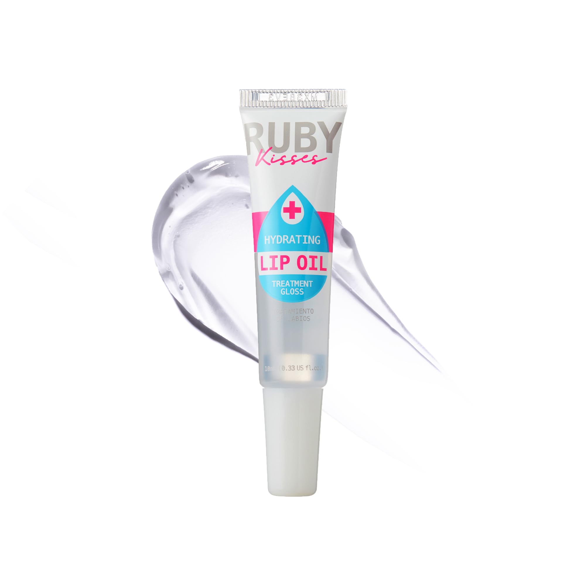 Ruby Kisses aceite para labios, enfoque en el bote transparente para hidratación profunda.