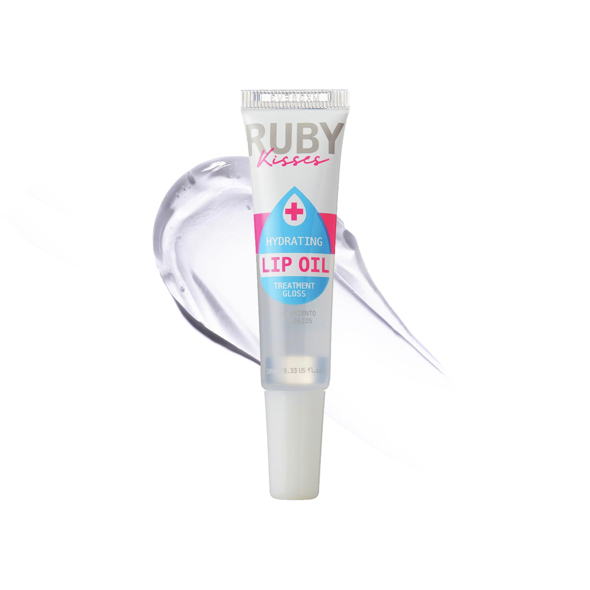 Ruby Kisses aceite para labios, enfoque en el bote transparente para hidratación profunda.